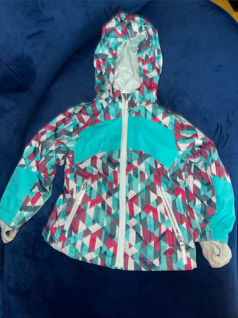 Lands End Kids Waterproof Hooded Winter Jacket - Teal & Magenta Geometric Print